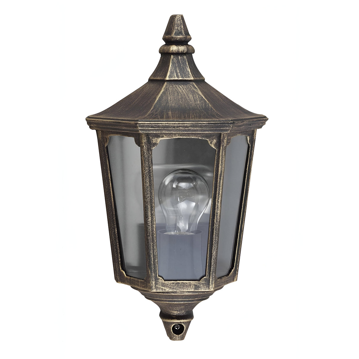 Introducing the Cricklade 1 Light Outdoor Half Lantern in Black/Gold, designed with a vintage aesthetic. This exquisite fixture is crafted from cast aluminium and finished in an elegant weathered bronze. It features clear glass panels and a pointed top that beautifully encase an exposed light bulb, providing IP44 rated lighting for durability and sophistication in any environment.