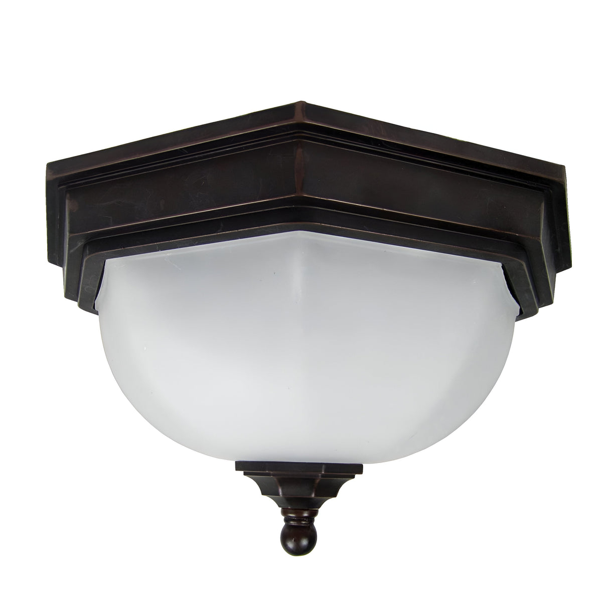The Fairford 1 Light Outdoor Flush Lantern in bronze features a hexagonal dark metal frame with a frosted glass dome and a small decorative finial at the bottom. Crafted from durable cast aluminum, it offers enhanced weather resistance with an IP44 rating.
