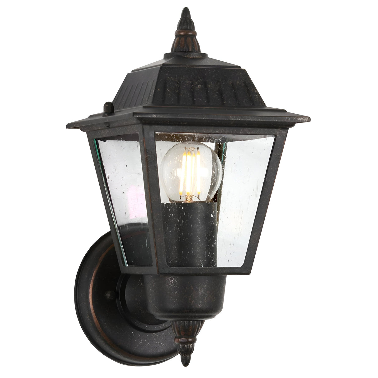 The Highnam 1 Light Outdoor Wall Lantern in weathered bronze features a black, vintage-style design with clear glass panels and a visible LED bulb mounted on a round base. Crafted from cast aluminum, it boasts ornate detailing on the top and bottom for an elegant touch.