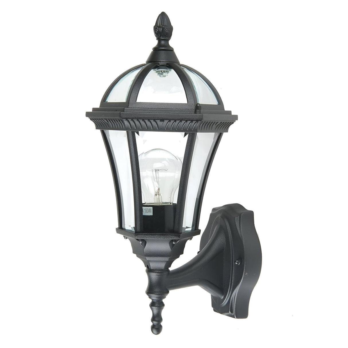 The Ledbury 1 Light Wall Lantern - Black is a classic outdoor wall piece crafted from cast aluminium. It features a central bulb within a glass enclosure and intricate decorative metalwork that is affixed to a mounting plate, providing timeless decorative exterior lighting.