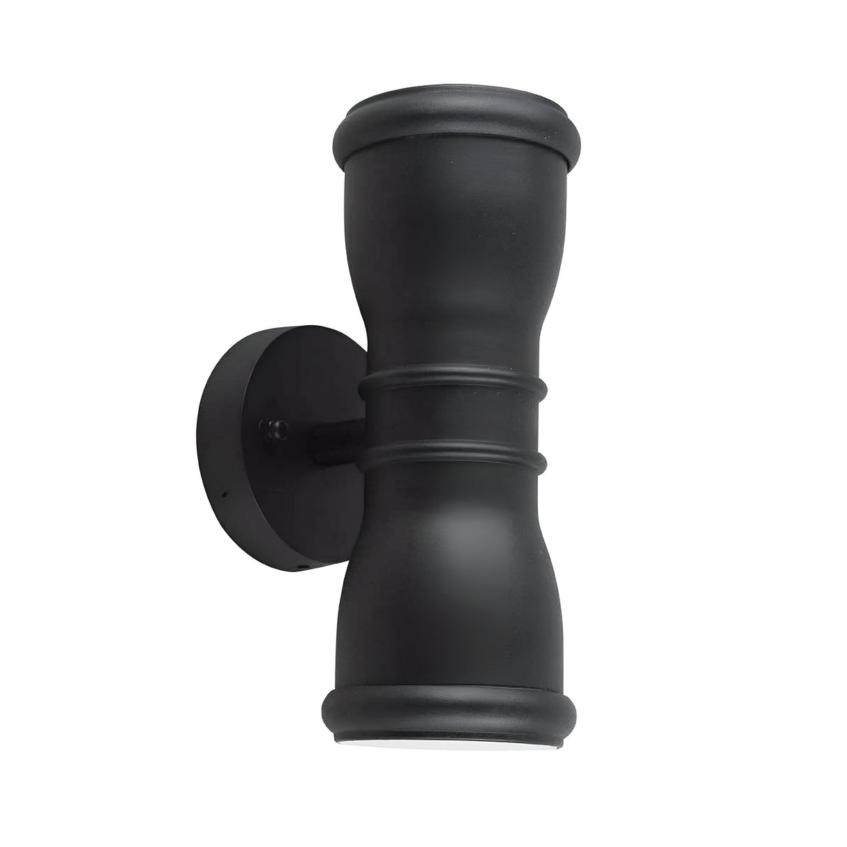 The Malvern 2 Light Up & Down Lantern in black features a cylindrical design with a double-bulb setup, mounted on a circular base. Crafted from cast aluminium, this lantern blends sleek modern style with the charm of decorative exterior lighting, making it an elegant addition to any setting.