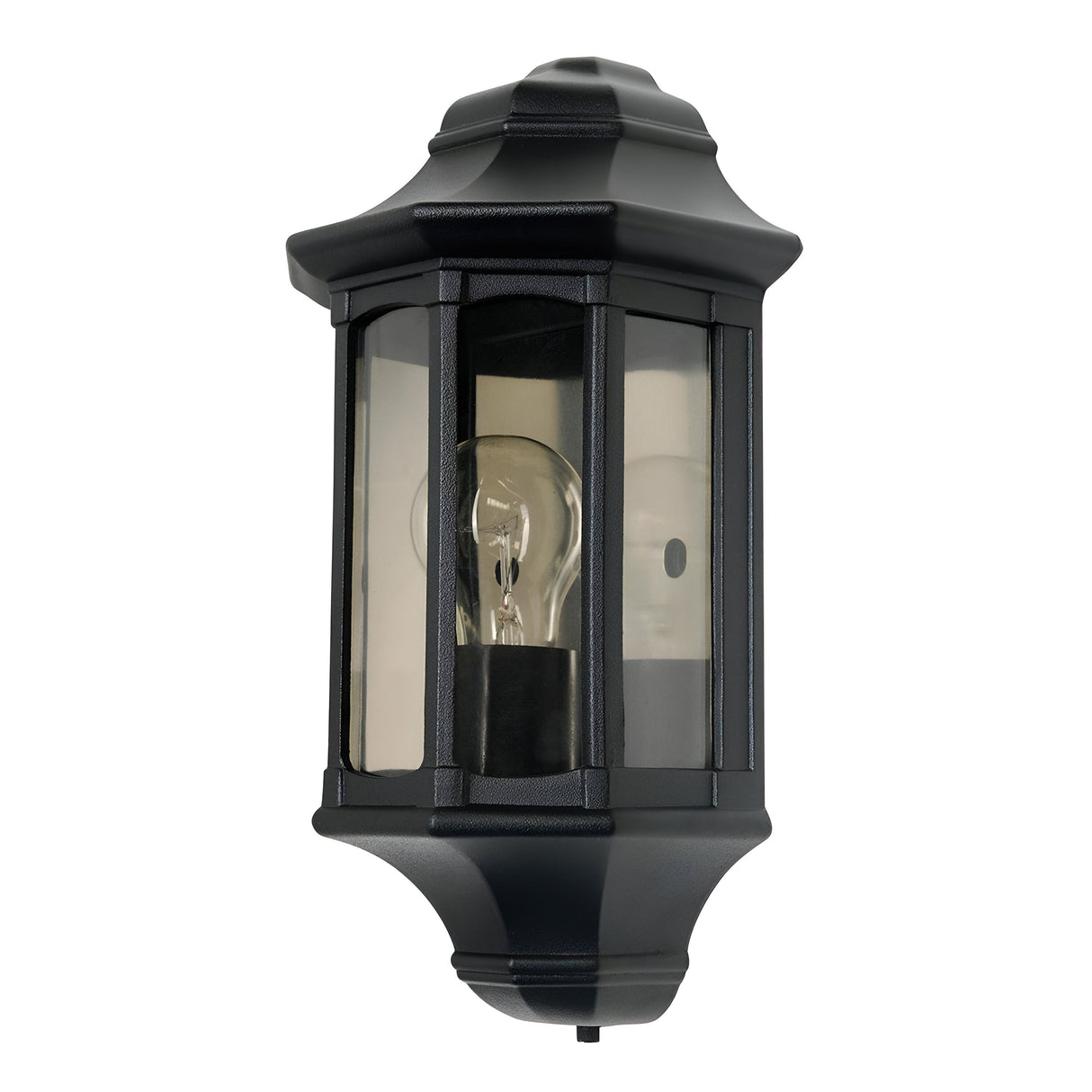 The Newbury 1 Light Half Lantern - Black is a decorative exterior lighting piece with a black cast aluminum design and a glass enclosure that reveals a clear bulb. Its traditional style includes subtly curved top and bottom, adding elegance to any outdoor space.