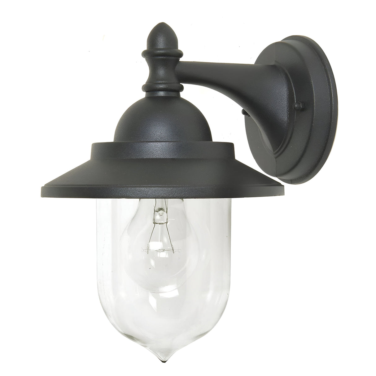 The Sandown 1 Light Outdoor Wall Lantern in black is constructed from durable cast aluminum and features a clear glass casing with an elegantly visible light bulb. Its classic design includes a round base and an arched arm that connects the lamp to the mounting plate, providing both style and IP44 weather resistance.