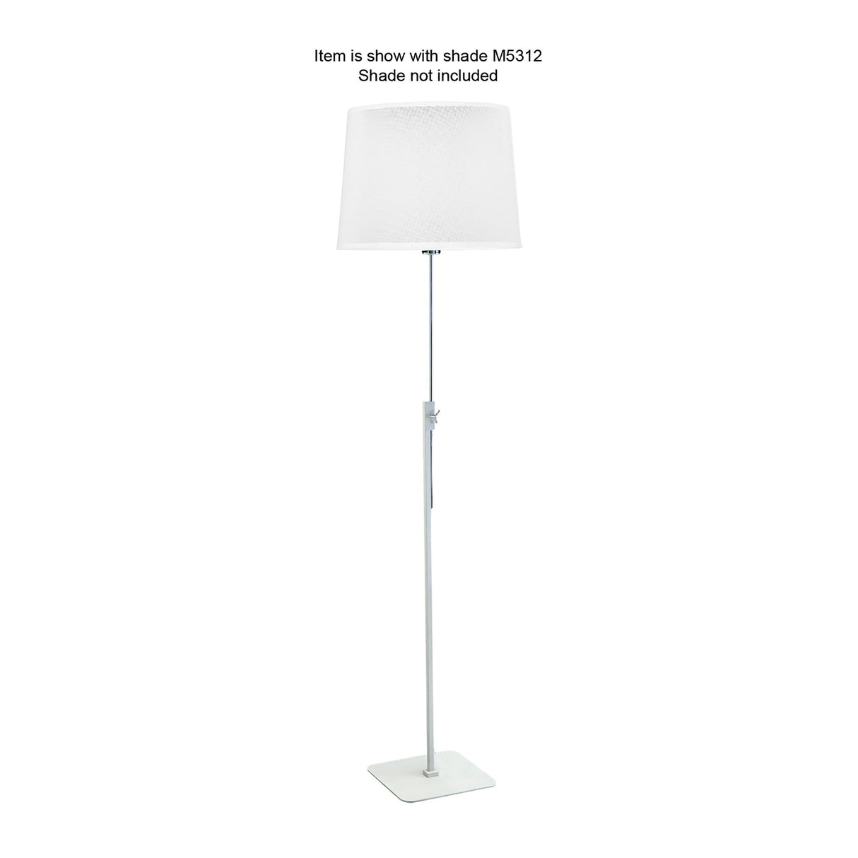 The Habana Telescopic 1 Light Floor Lamp - White & Chrome (Without Shade) features a slim pole, square base, and modern design. Shown with shade M5312; shade not included. Adjustable height offers versatile lighting options.