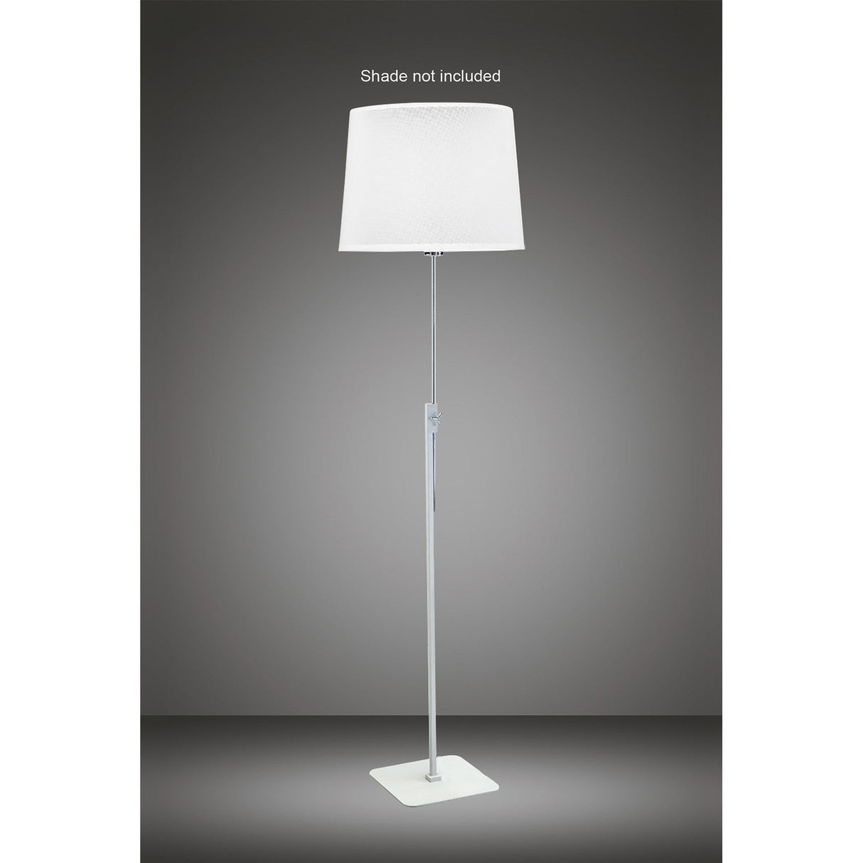The Habana Telescopic 1 Light Floor Lamp - White & Chrome (Without Shade) features a slim chrome stand and white rectangular base. Adjustable height. Shown with a white shade, not included, against a plain gradient gray background.