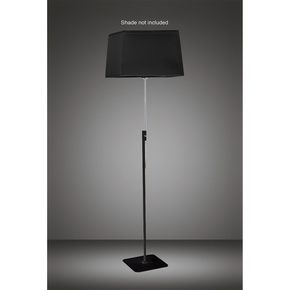 The Habana Telescopic 1 Light Floor Lamp - Black & Chrome (Without Shade) features a modern design with a square base and slender adjustable pole, shown against a gray background. Text above notes: Shade not included.