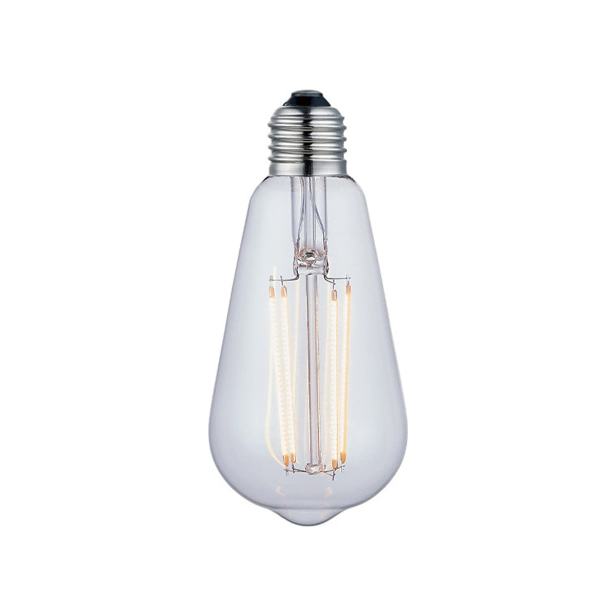 Colors LED Drop Luxe E27 2W Bulb, a clear teardrop-shaped LED bulb with an E27 chrome screw cap and upright LED filaments visible inside, shown on a plain white background.