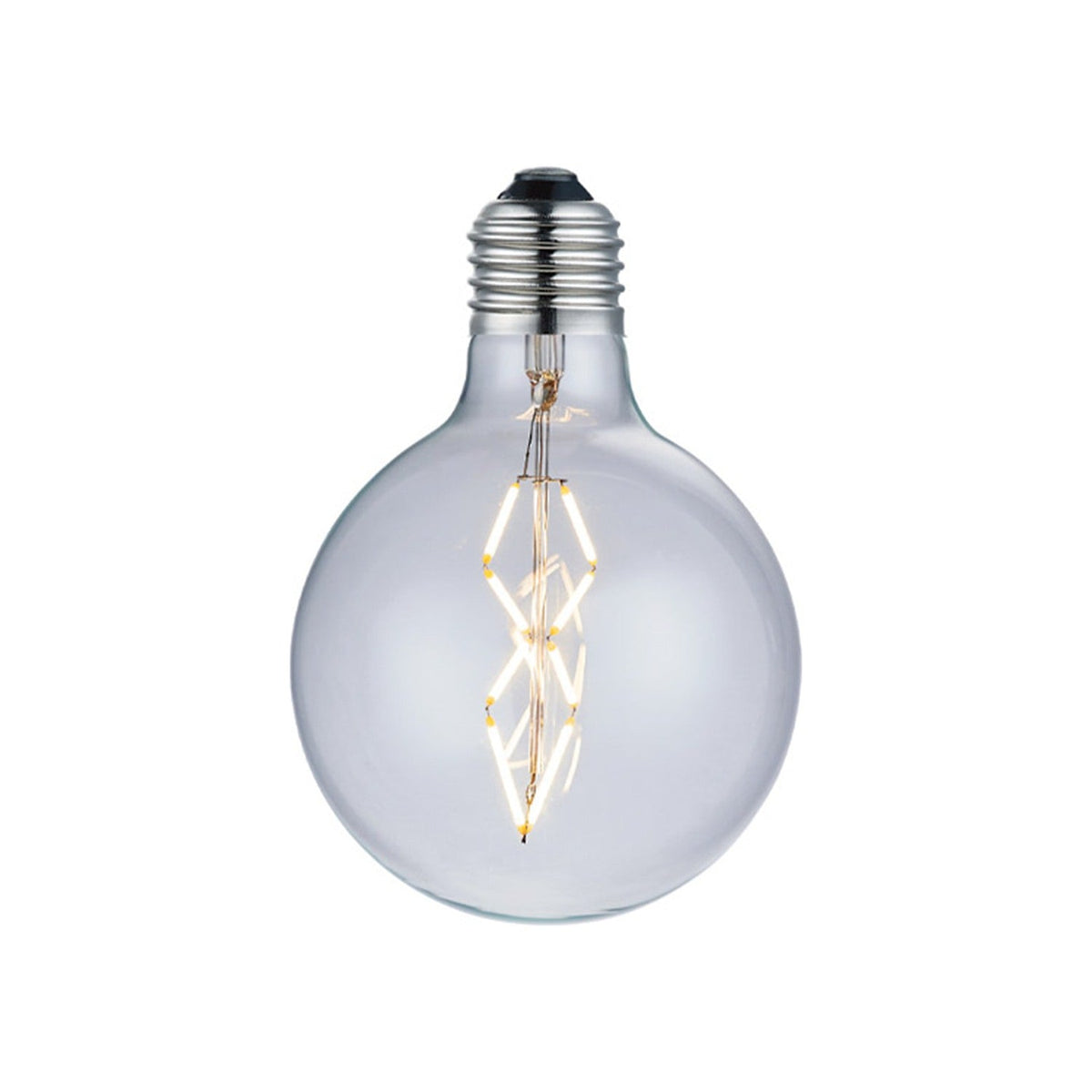Colors LED Mini Globe Luxe E27 2W bulb, clear glass globe with tall zig-zag LED filament and silver E27 screw cap, shown on a plain white background.