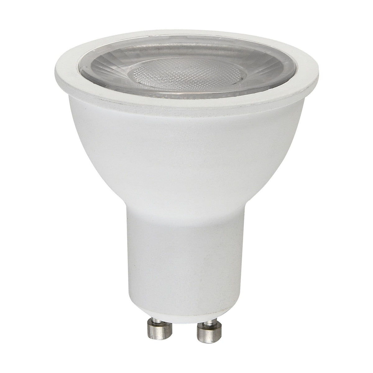 Colors LED GU10 6W 3-Step Bulb in matt white, with a ribbed glass face, broad rim, tapered body and twin-pin base, shown on a plain white background.