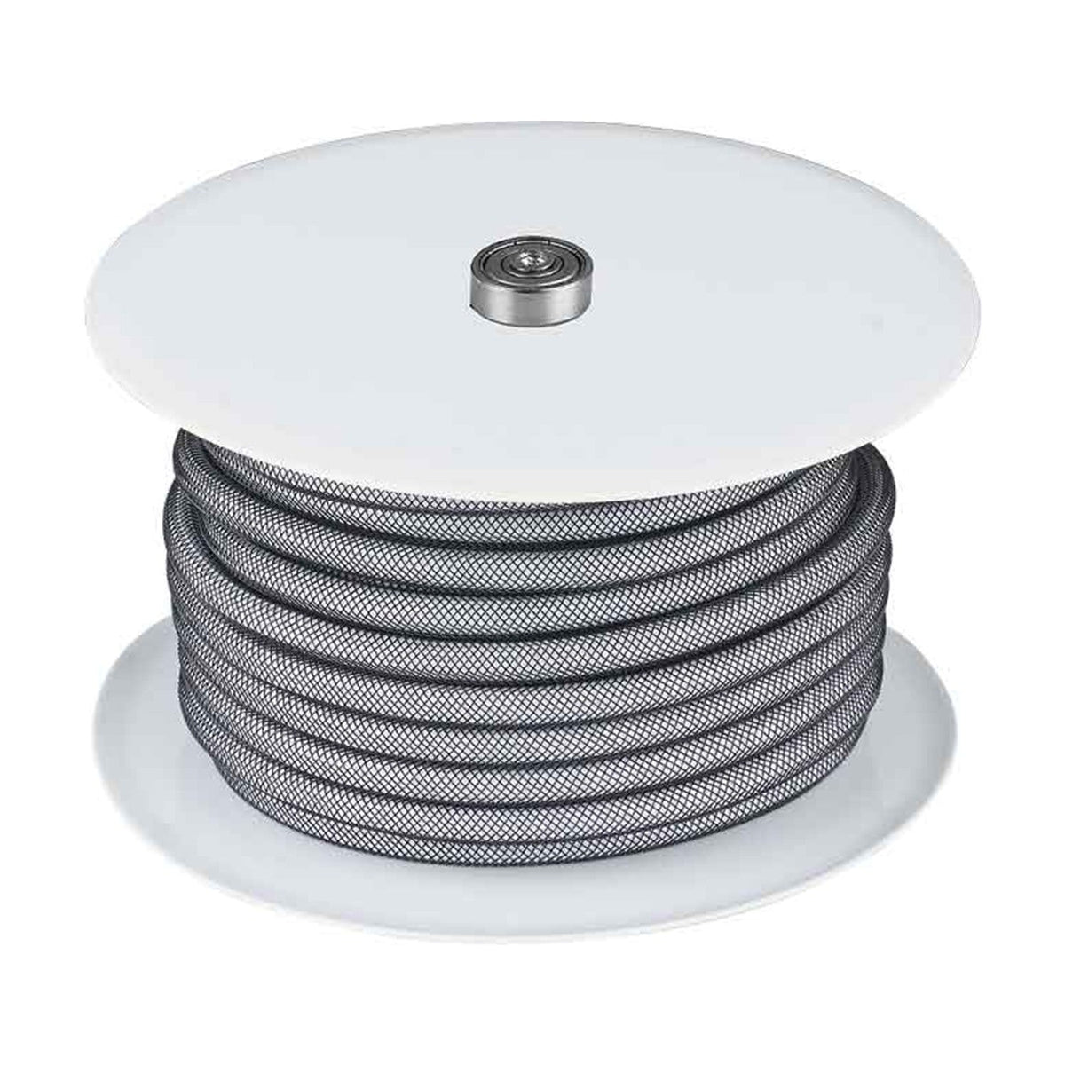 Nylon Cable Roll 25m in black, shown as a reel of round flex with black-and-white braided nylon sheathing wound between plain white end discs and a central steel boss, on a white background.