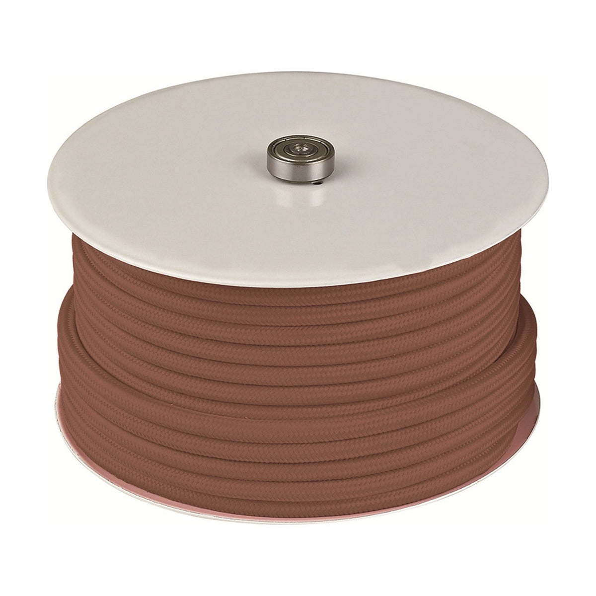 Textile Cable Roll 25m in natural, showing a fabric-covered flex wound in even coils on a reel with white end discs and a central steel boss, on a plain white background.
