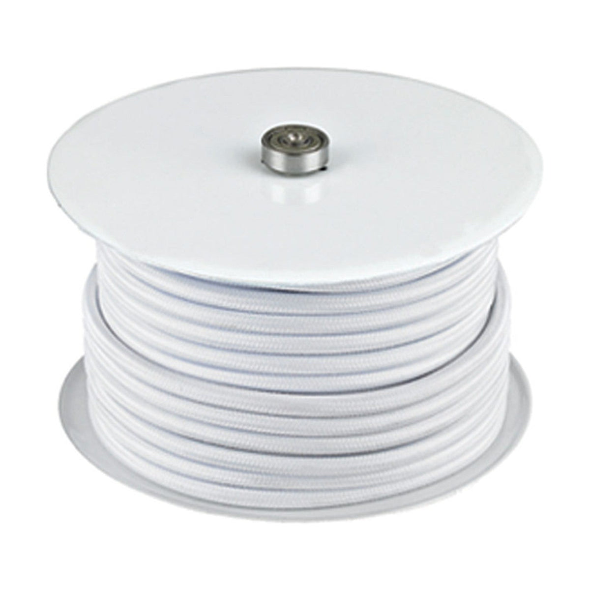 Textile Cable Roll 25m in white, showing round fabric-sheathed flex wound in even coils between two plain white end discs with a central steel boss, on a plain background.