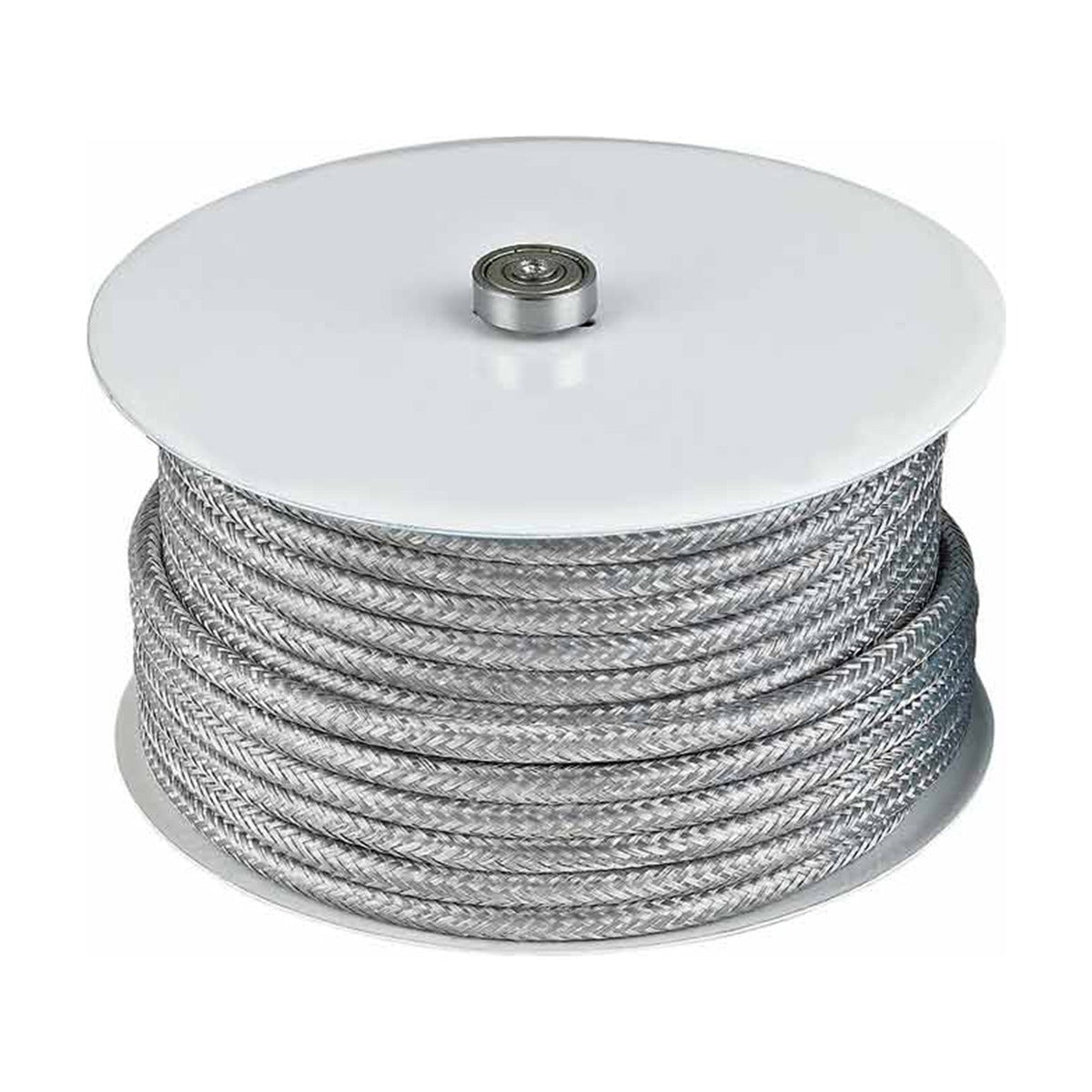 Textile Cable Roll 25m in silver-grey, showing woven herringbone flex wound in even coils on a white spool with a central steel boss, on a plain white background.