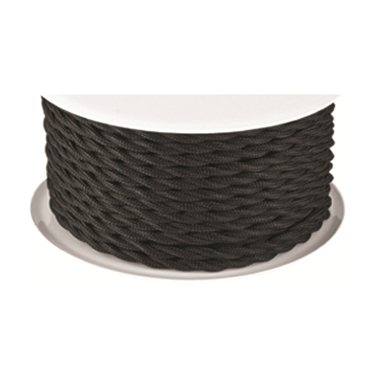 Textile Twisted Cable Roll 25m in black, showing twisted flex wound in tight spiral coils between plain white end discs, on a white background.