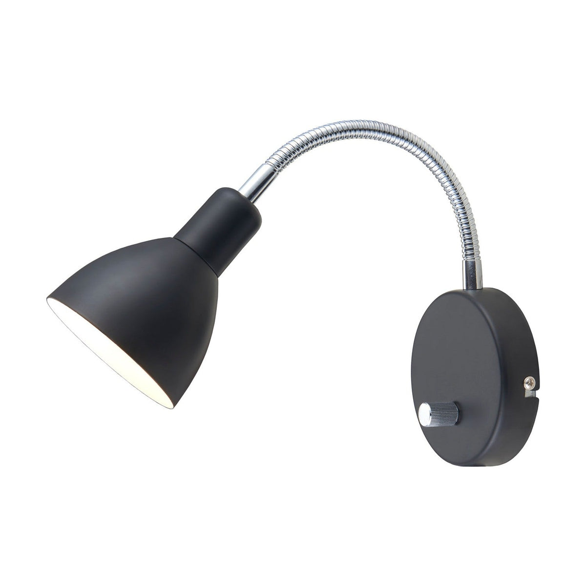 Denver Wall Light in black with a cone shade on a flexible chrome arm, round wall plate with chrome switch knob, shown on a plain white background.