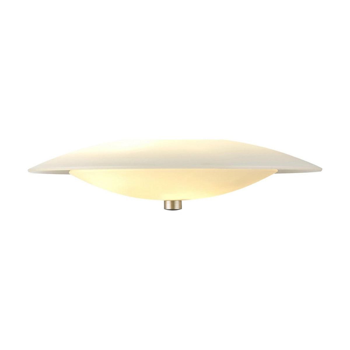 Baroni Aluminium Pendant Light 40cm in Opal, a shallow white disc shade with a glowing opal glass bowl beneath and a brushed metal finial, shown on a plain white background.