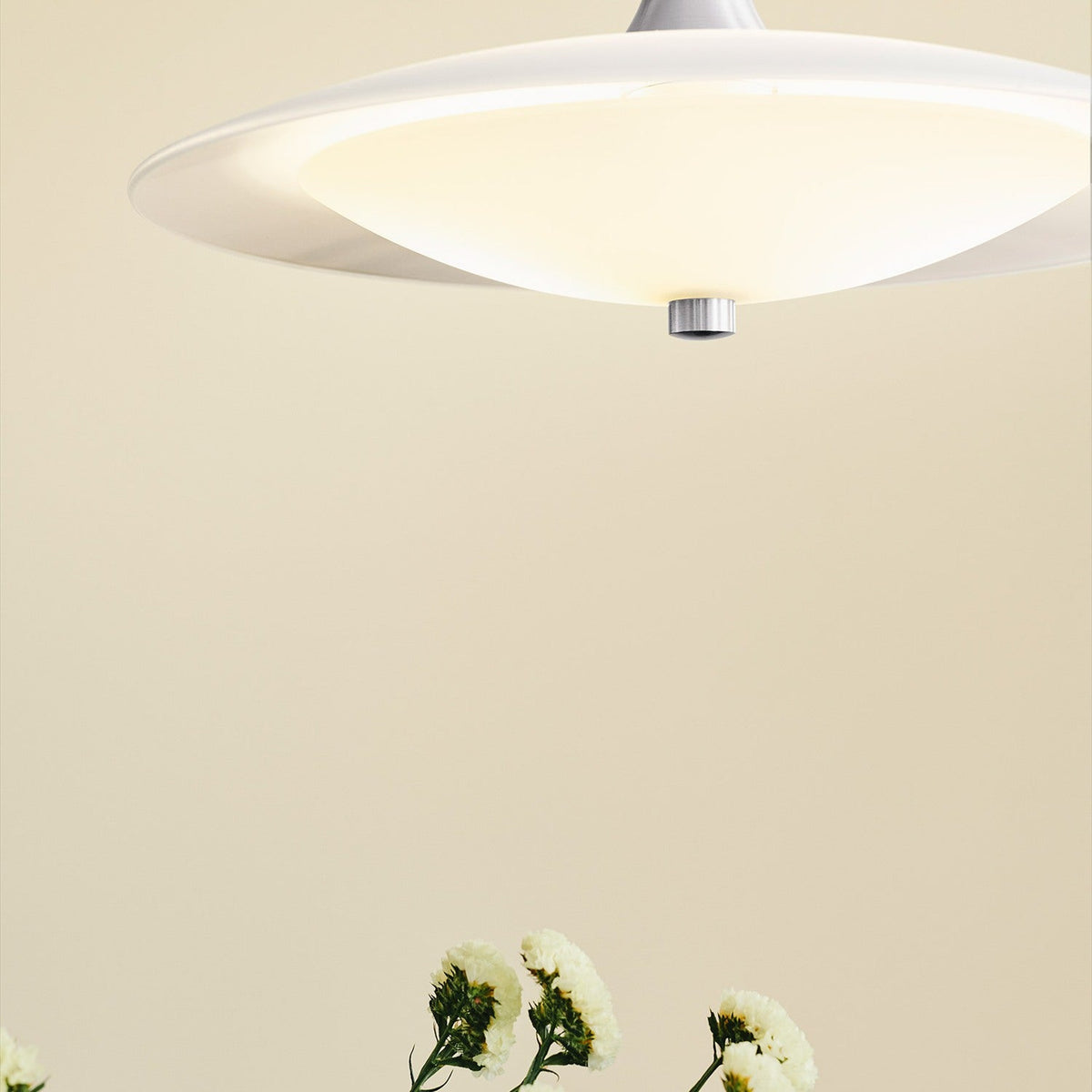 Baroni Aluminium Pendant Light 40cm in Opal, a wide shallow white metal disc over a glowing opal glass bowl with a brushed metal finial, shown against a plain light background.