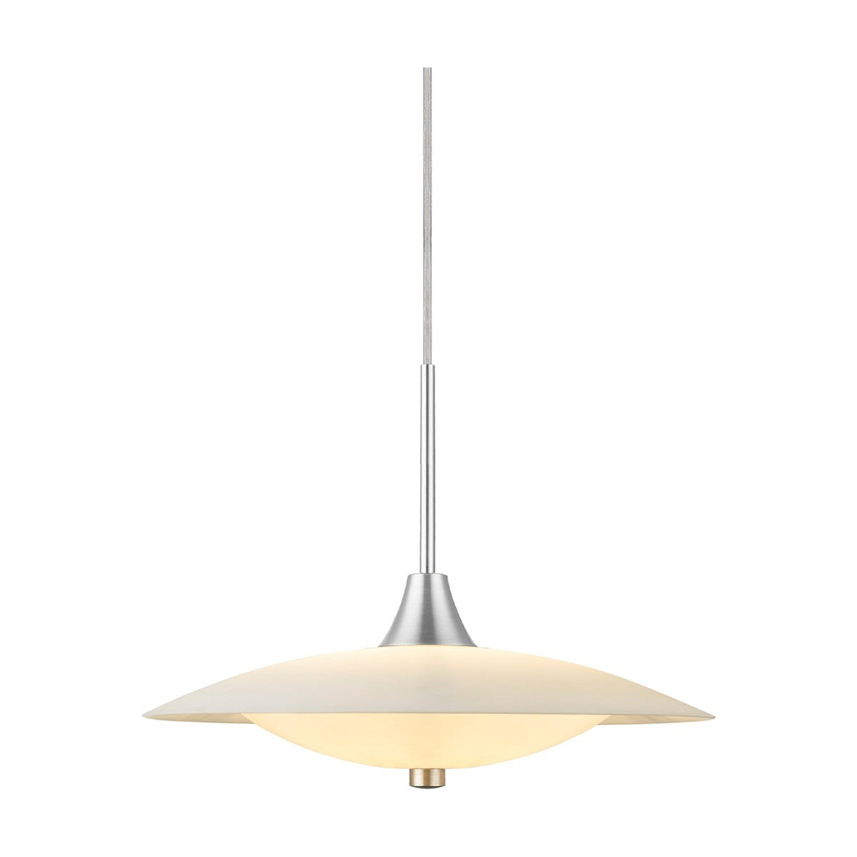 Baroni Aluminium Pendant Light 35cm in opal, a shallow white metal dish over a glowing opal glass bowl with brushed steel finial, on a plain white background.