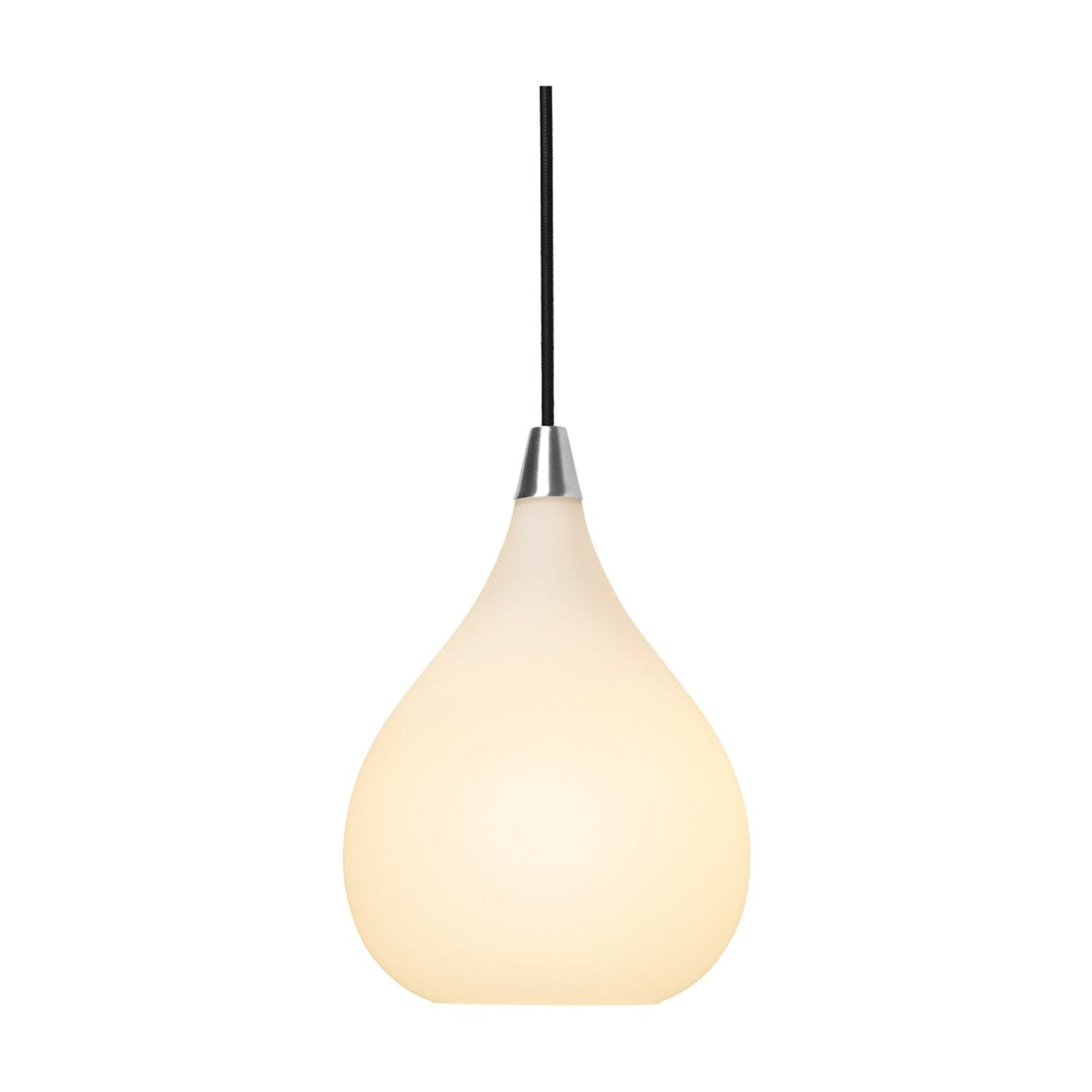 Drops Glass Pendant Light 17cm in opal and steel, a teardrop-shaped glass shade with steel neck cap and black flex cord, shown lit against a plain white background.