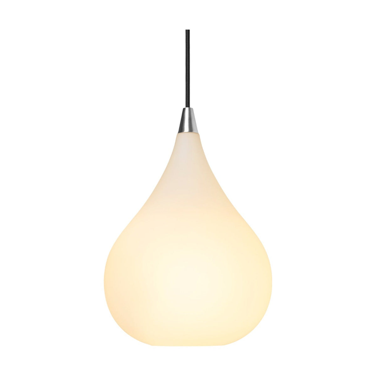 Drops Glass Pendant Light 23cm in opal white glass with a teardrop shape, polished steel neck cap, and black flex cable, shown on a plain white background.