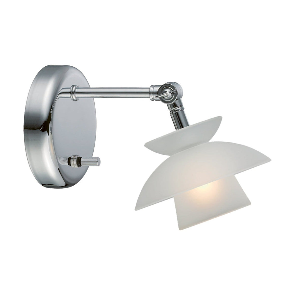 Dallas Mini Glass Wall Light in opal, with three offset frosted glass plates on a chrome jointed arm and round wall mount, shown on a plain white background.