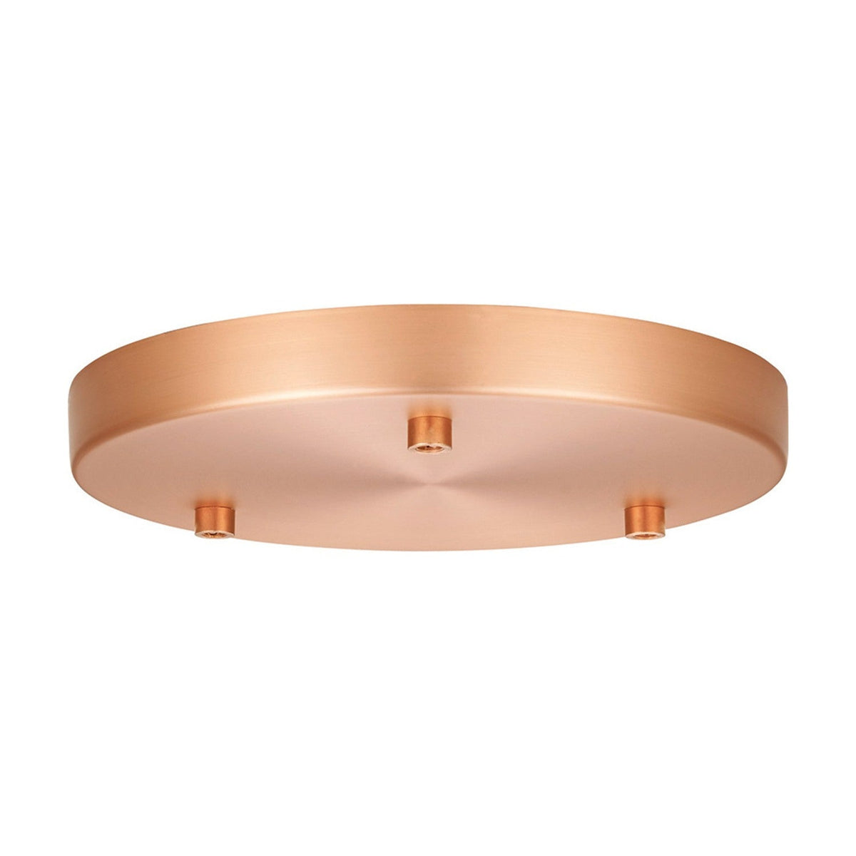 Round copper ceiling canopy, 22cm, with brushed metal finish and three raised cable outlets for pendant fittings, shown on a plain white background.