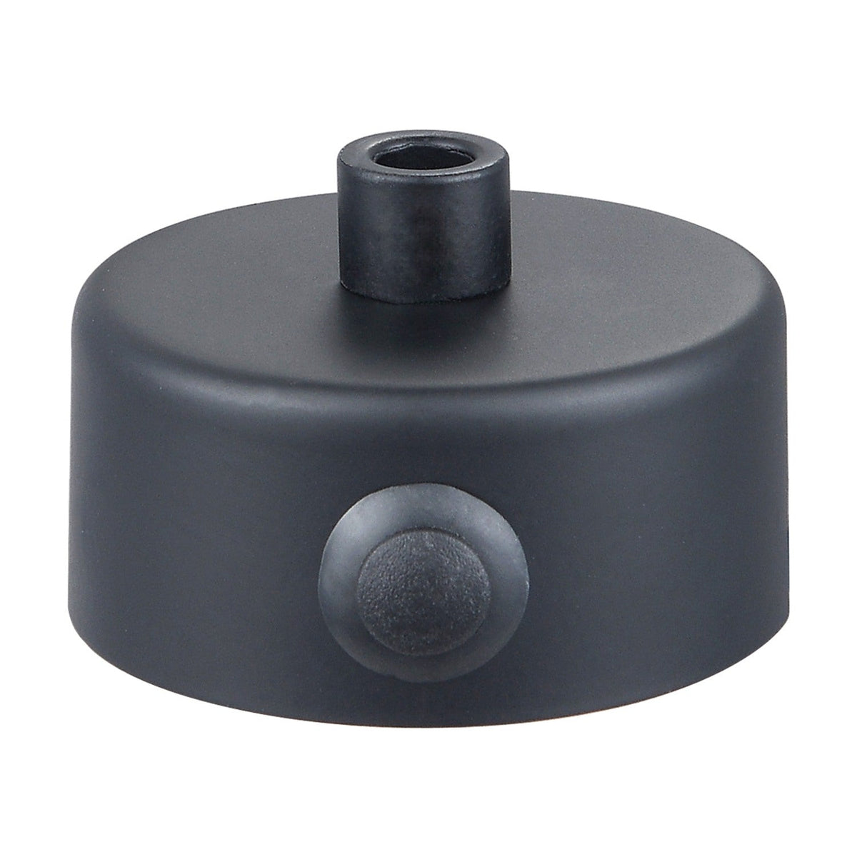 Mini Exit Ceiling Canopy in matt black, a shallow cylindrical cover with a raised central boss for flex and a smooth round side plate, shown on a plain white background.