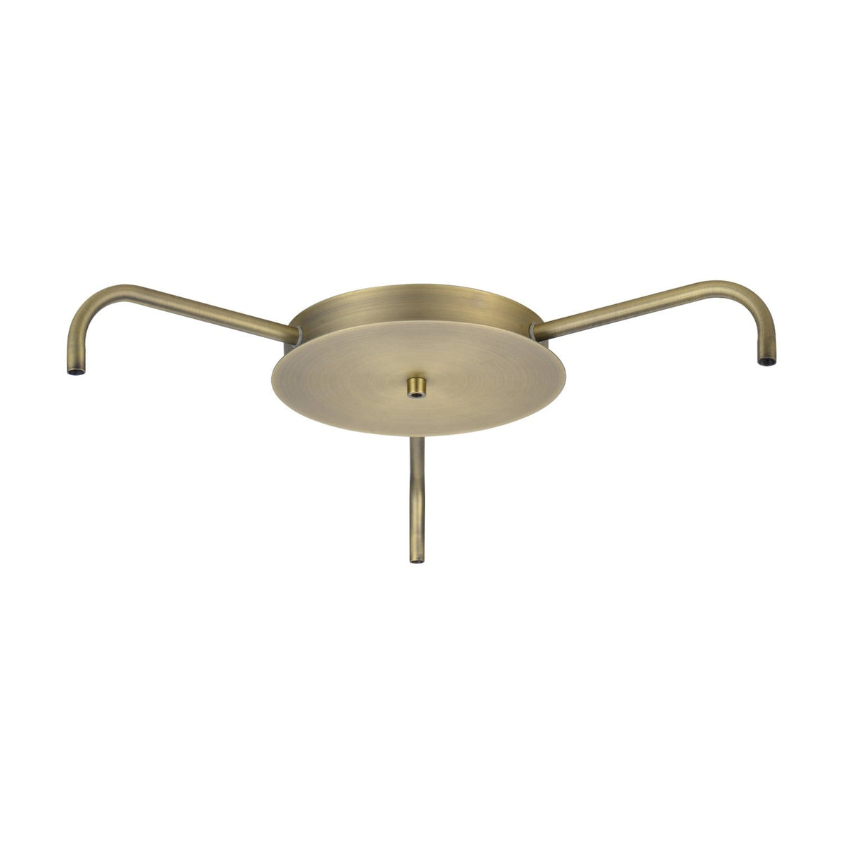 4 Light Ceiling Canopy in antique brass, round plate with slim curved arms ending in open outlets and a central drop stub, plain white background.