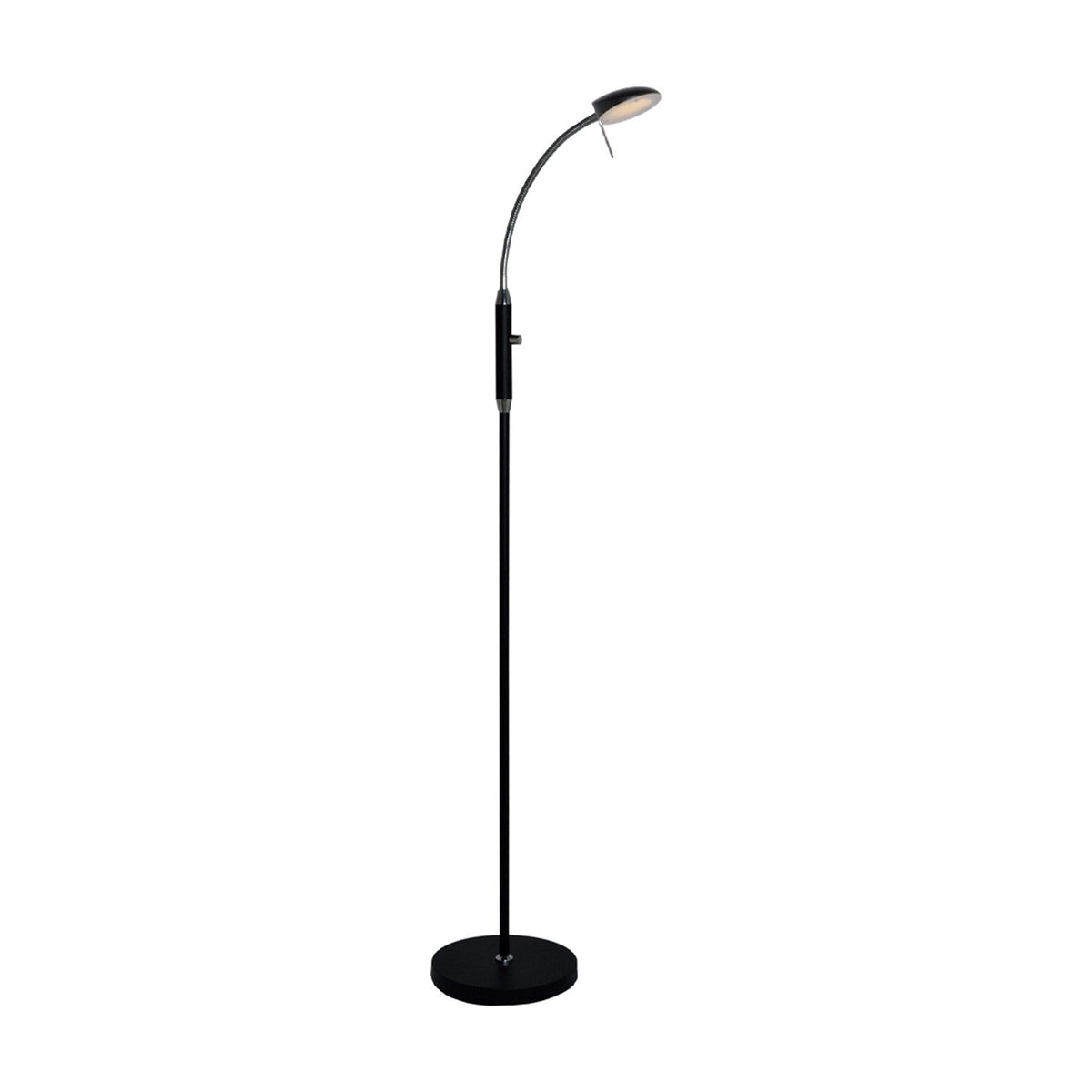 Vegas LED Floor Lamp 7W in black, featuring a slim column on a round base, chrome flexible gooseneck, and a shallow round head, shown on a plain white background.