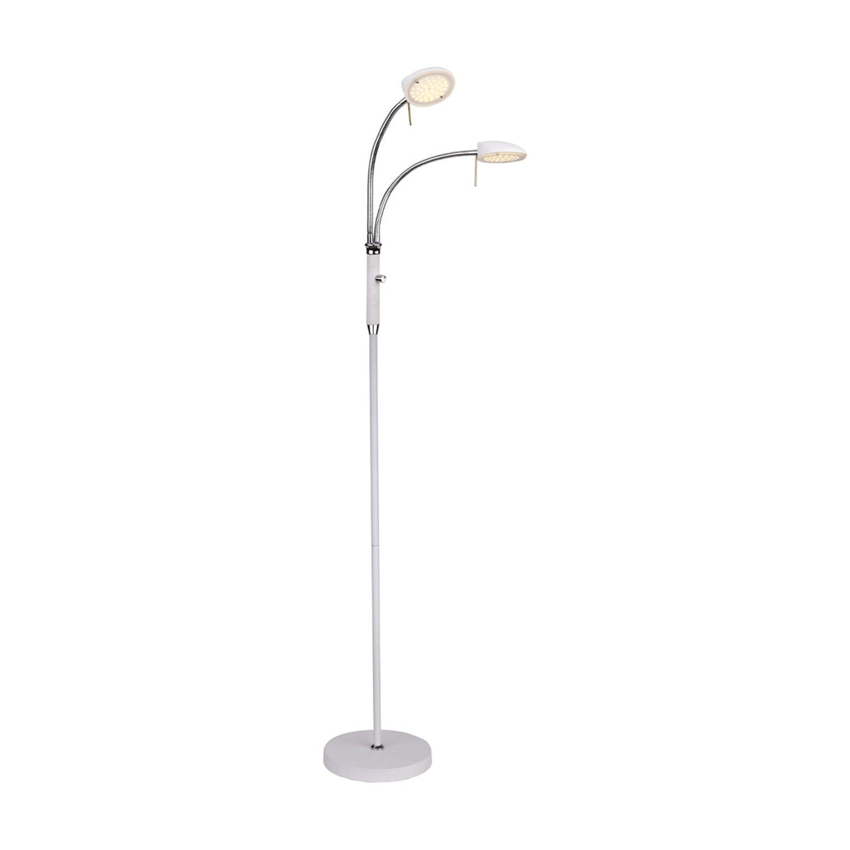 Vegas LED 2 Light Floor Lamp in white with a slim column on a round base, two chrome gooseneck arms holding flat round lit heads, shown on a plain white background.