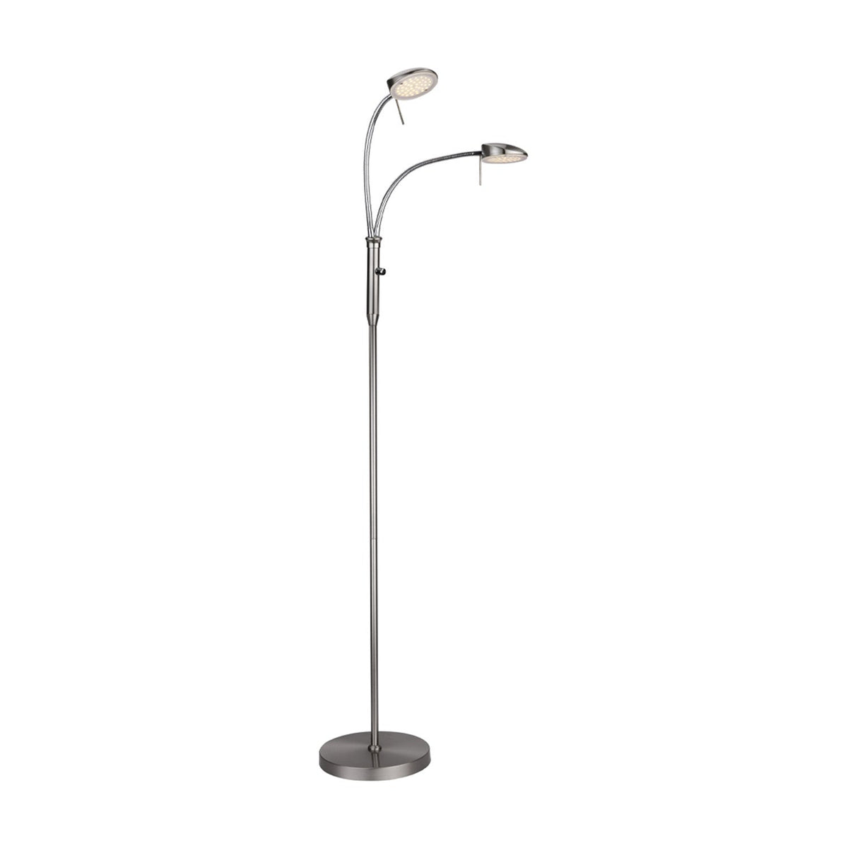 Vegas LED 2 Light Floor Lamp in brushed steel, with a slim column on a round base splitting into two flexible gooseneck arms with round flat heads, shown on a plain white background.