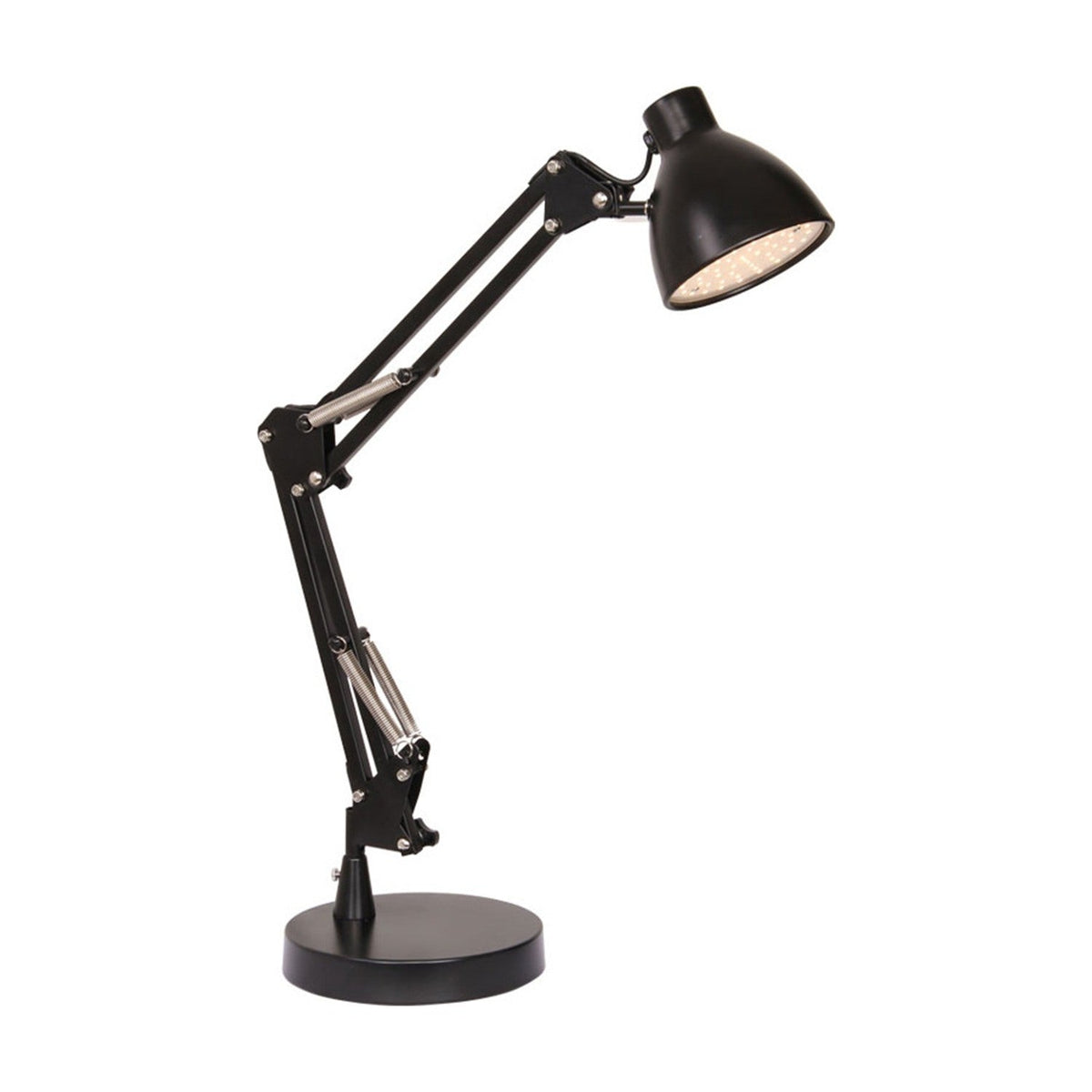 Bronx LED Table Lamp in black, an articulated desk lamp with sprung parallel arms, polished pivot joints, and a deep cone head with integrated LED ring, shown on a plain white background.