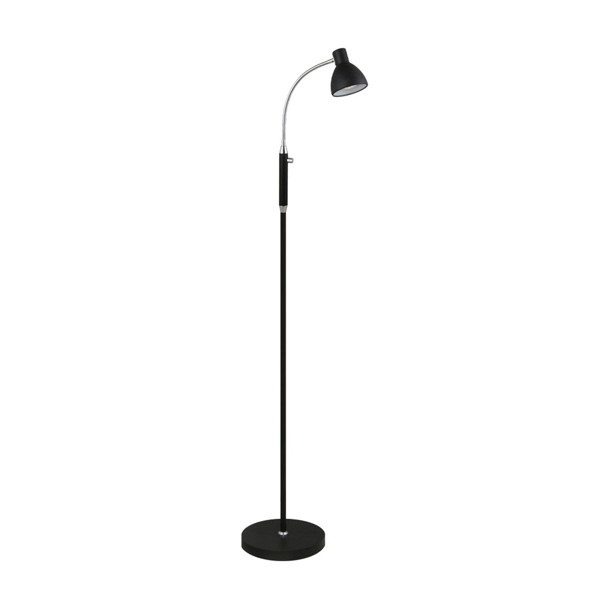 Hudson Floor Lamp in black with a slim column on a round disc base, chrome gooseneck curving up to an adjustable black cone head, set against a plain white background.