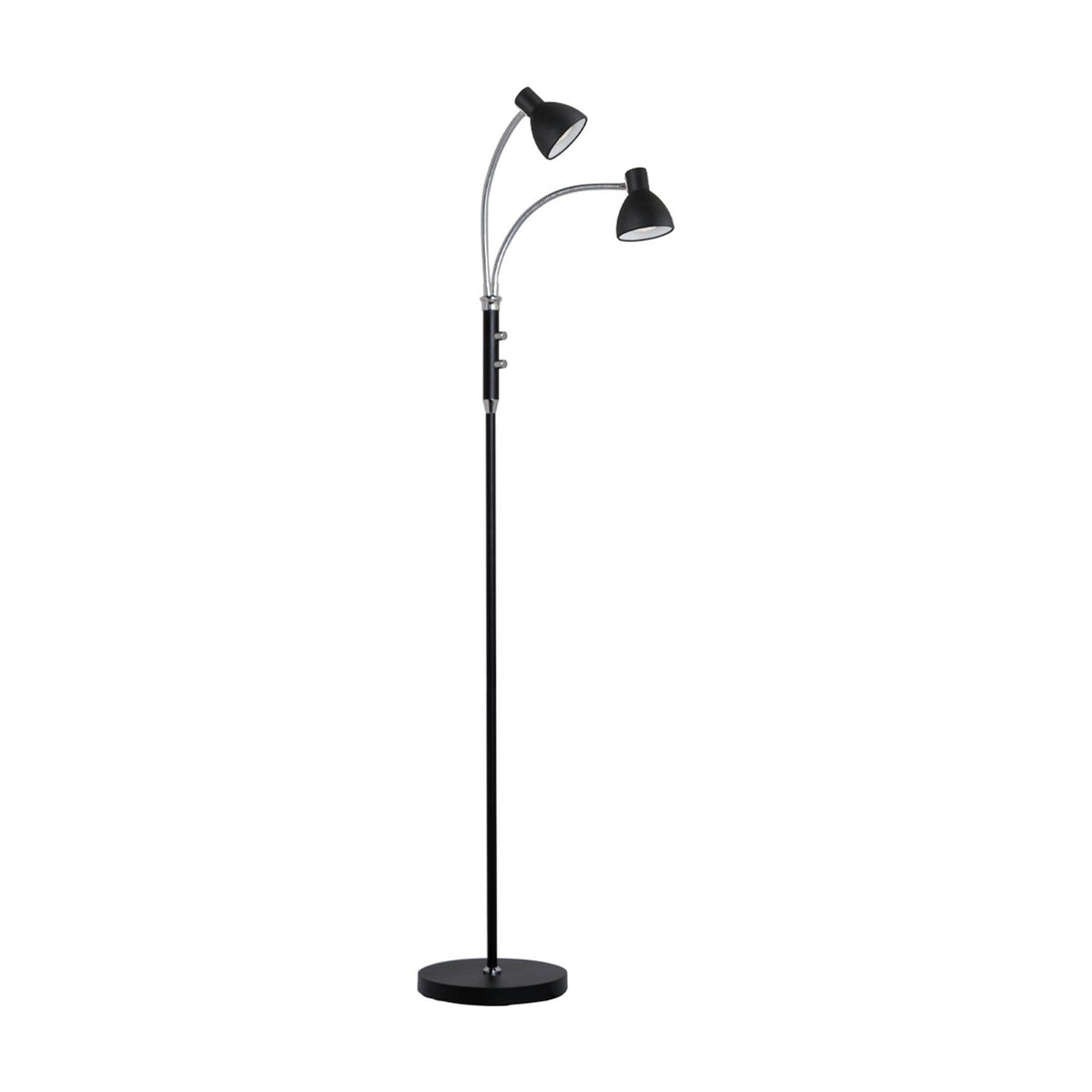 Hudson 2 Light Floor Lamp in black, with a slim column on a round base and two chrome gooseneck arms ending in black cone shades, on a plain white background.