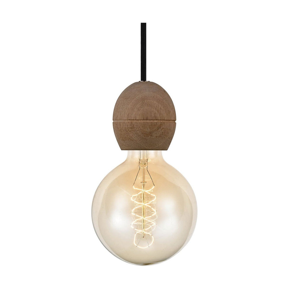 Light Cable Cord Set E27 pendant fitting with an egg-shaped dark wood lampholder on a black flex cord, fitted with an E27 globe bulb, shown on a plain white background.