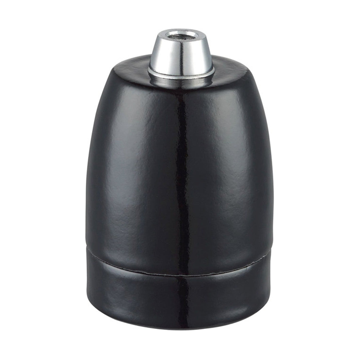 Porcelain Lampholder E27 in glossy black, a rounded cylindrical body with a stepped base and chrome-finish threaded top, shown on a plain white background.