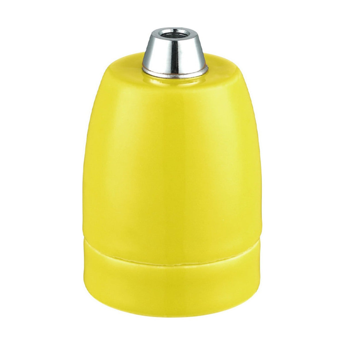 Porcelain Lampholder E27 in glossy yellow, a rounded cylindrical body with a stepped base and chrome-finished cap, shown on a plain white background.