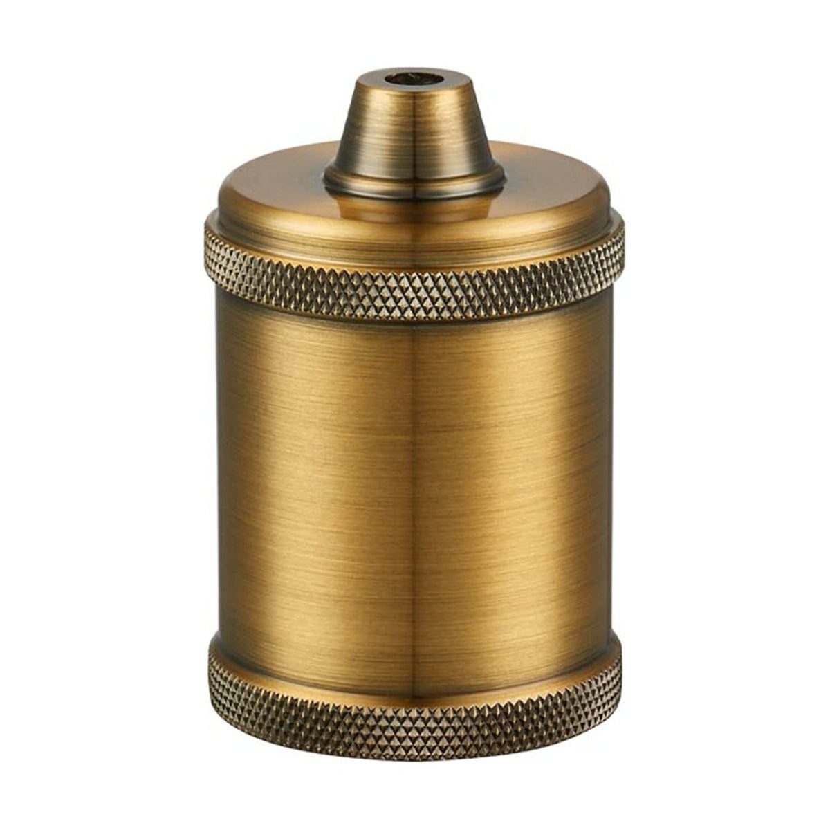 RAW Lampholder E27 in antique brass, a cylindrical metal fitting with knurled bands at top and base and a tapered cone opening, shown on a plain white background.