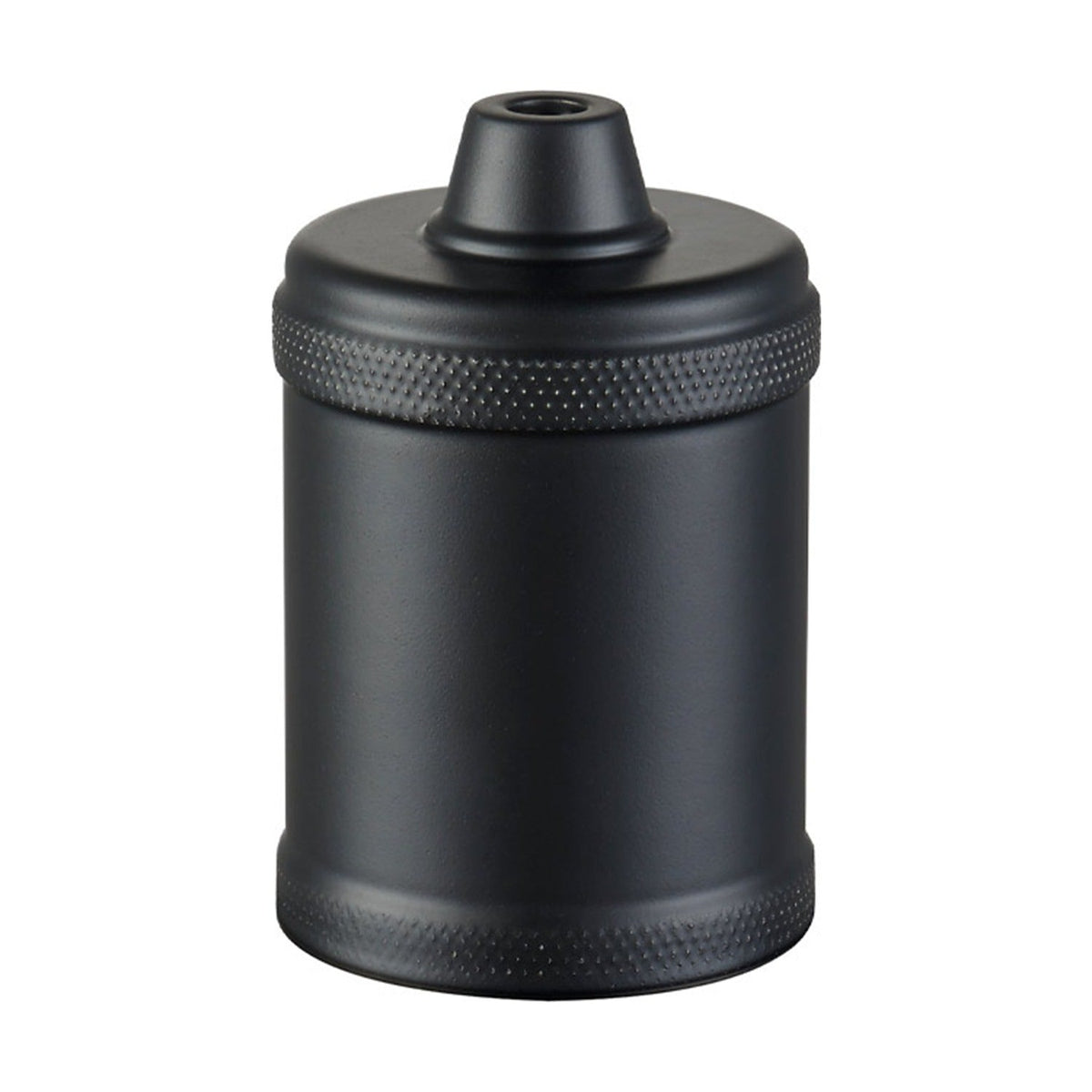 RAW Lampholder E27 in matt black metal, a cylindrical fitting with knurled bands at shoulder and foot and a tapered top cone, shown on a plain white background.