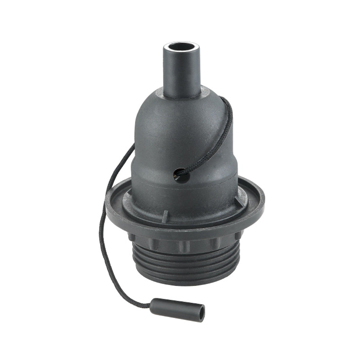 Plastic Socket Cable Switch Lampholder in black, E27 fitting with threaded skirt, shade ring, cord entry and pull-cord toggle switch, shown on a plain white background.