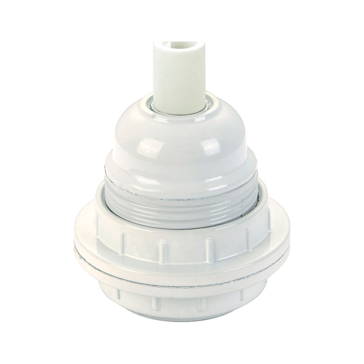 White plastic E27 lampholder with cord entry, ribbed stepped body, threaded skirt and two loose shade rings, shown on a plain white background.