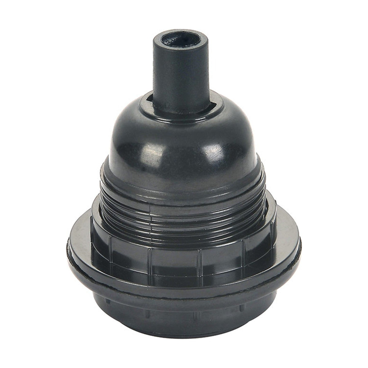Plastic Rings Lampholder E27 in black, moulded body with domed shoulder, threaded skirt, stepped shade ring and cord entry, shown against a plain white background.