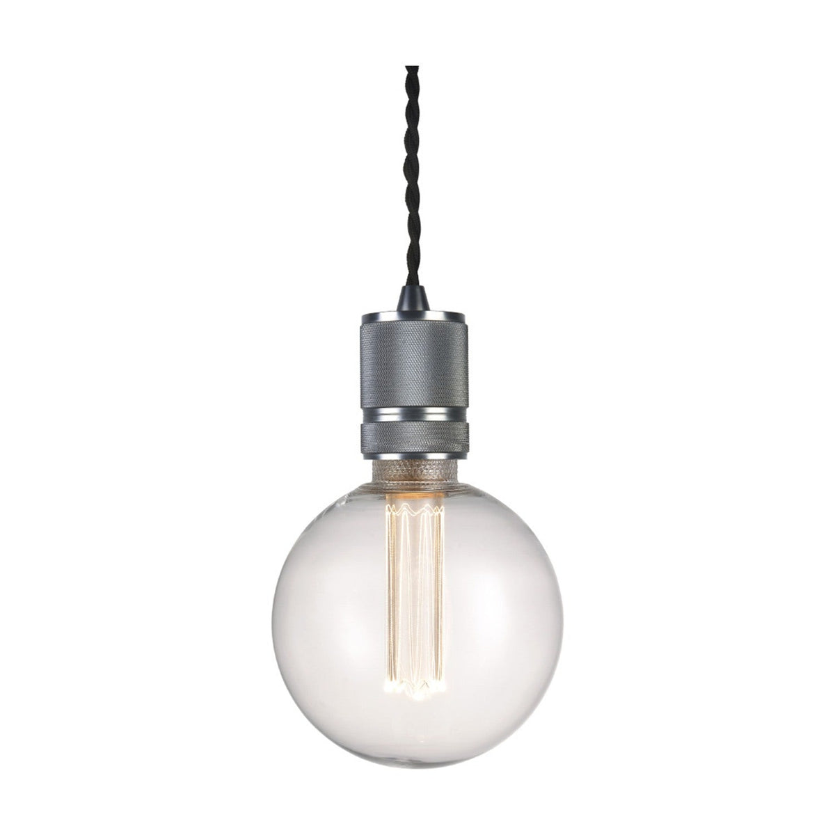 Halo Cable Cord Set E27 pendant fitting in gunmetal, featuring a knurled cylindrical lampholder on black twisted flex, shown with a clear globe bulb on a plain white background.