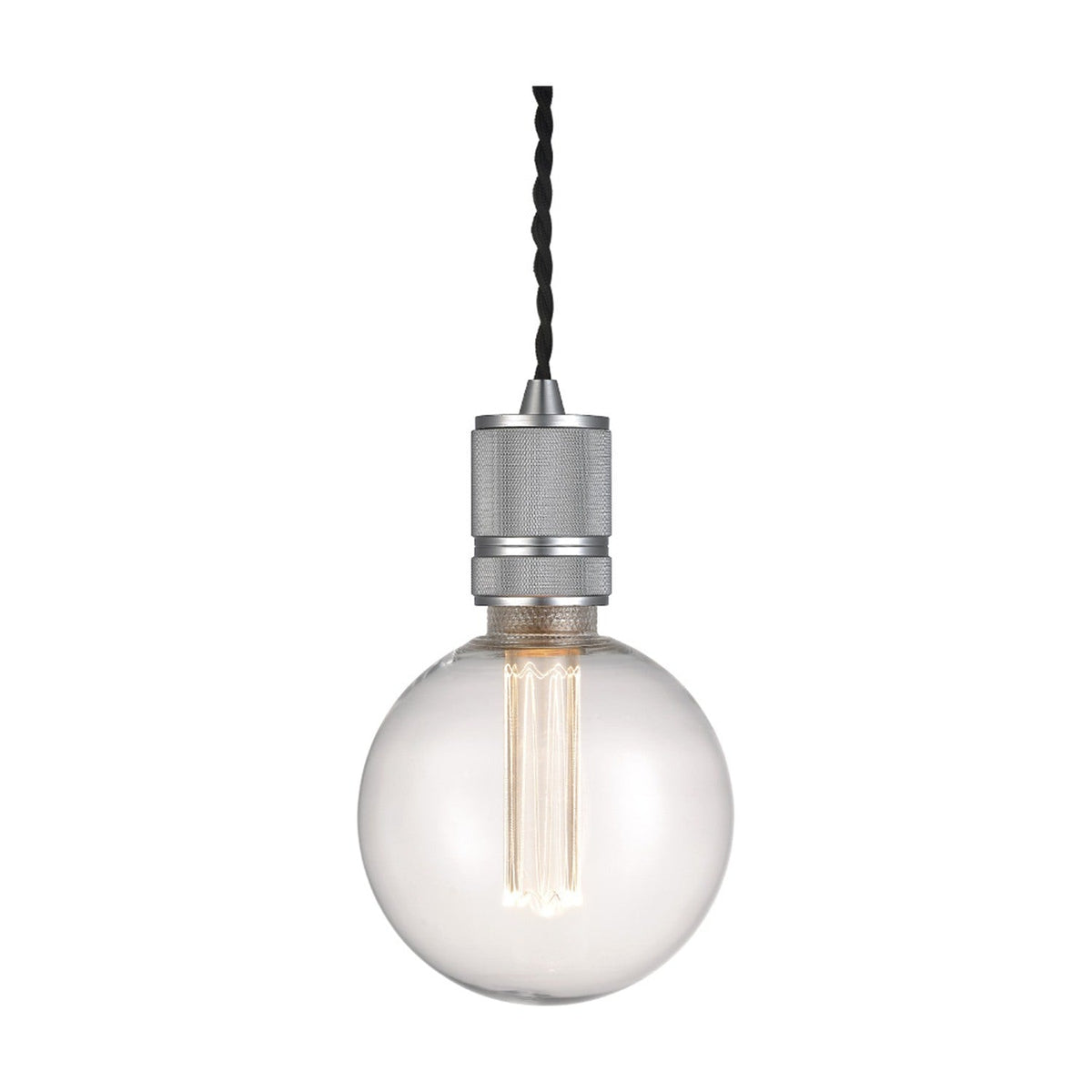 Halo Cable Matt Cord Set E27 in silver, a knurled metal lampholder on twisted black flex with an E27 globe bulb, shown on a plain white background.