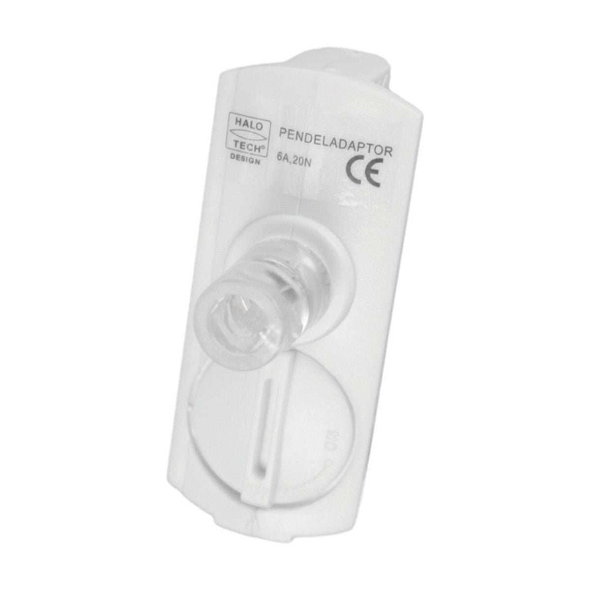 Halo Track Pendant Adaptor in white, a moulded rectangular block with rounded corners, clear ridged barrel and round cord cover plate, shown on a plain white background.