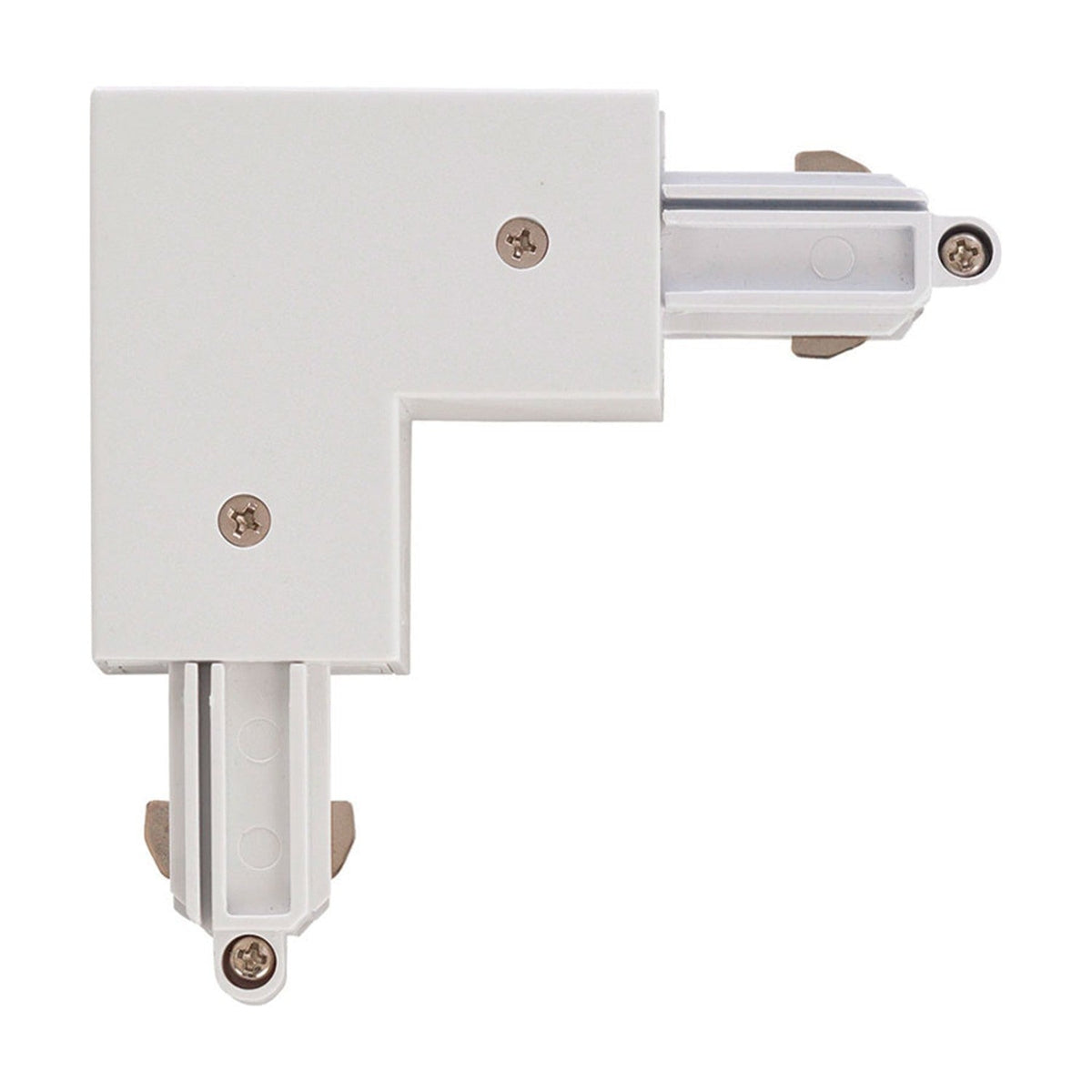 Halo Track Angle Joint in white, an L-shaped 90-degree track connector with visible fixing screws and copper contact strips on each rail stub, shown on a plain white background.