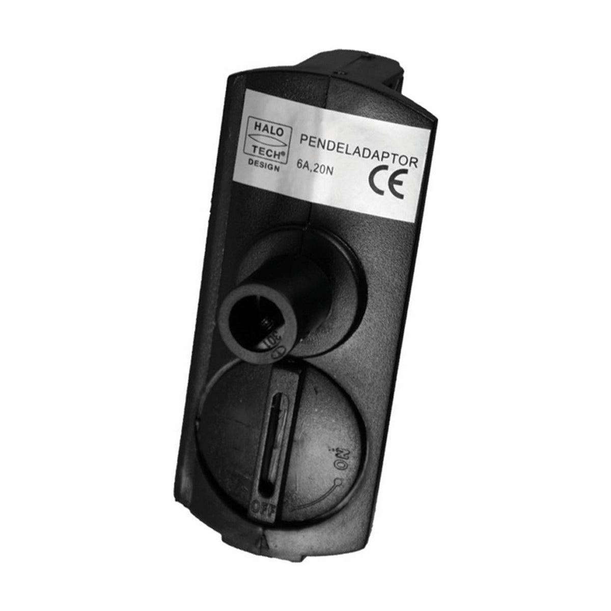 Halo Track Pendant Adaptor in black, a moulded rectangular block with a ridged round barrel and flat cord cover plate, shown on a plain white background.