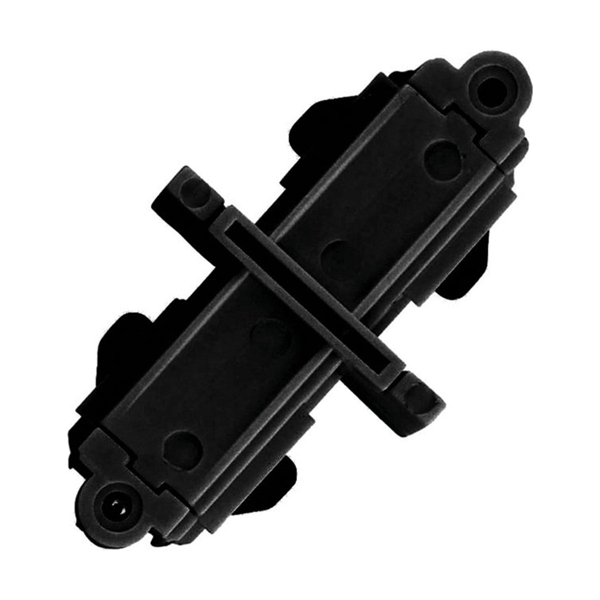 Halo Track Connector in matt black, a rectangular moulded joining block with fixing screws and spring clips on the underside, shown on a plain white background.