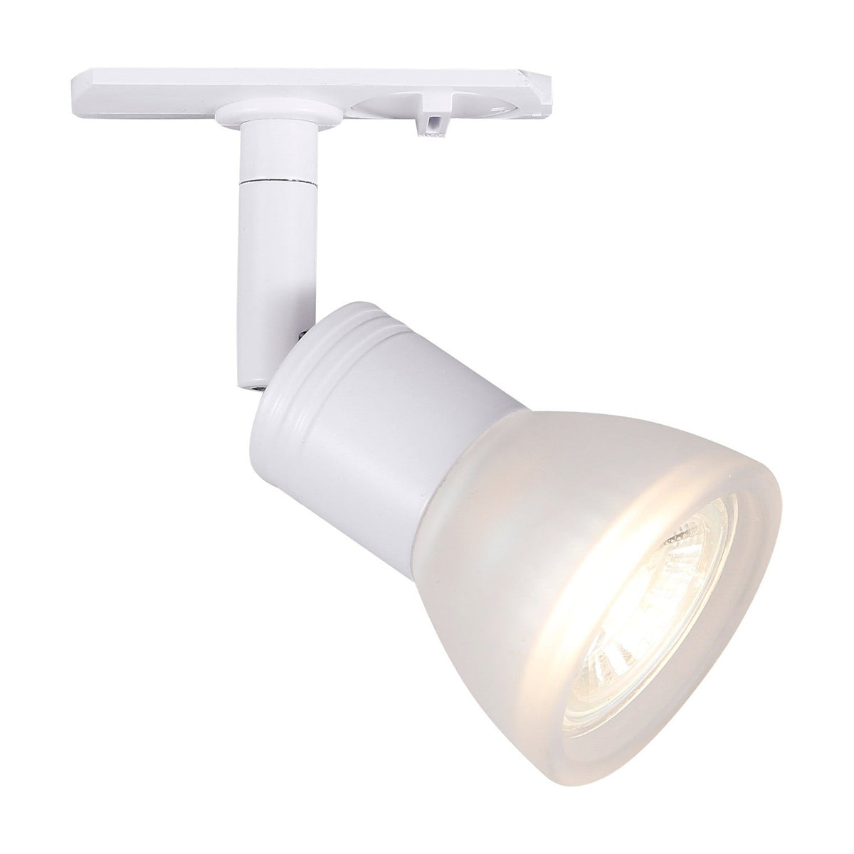 Halo Track CAMP LED Spotlight in white, with a track mount, adjustable knuckle joint, cylindrical barrel head and frosted glass cone shade lit warmly, shown on a plain white background.
