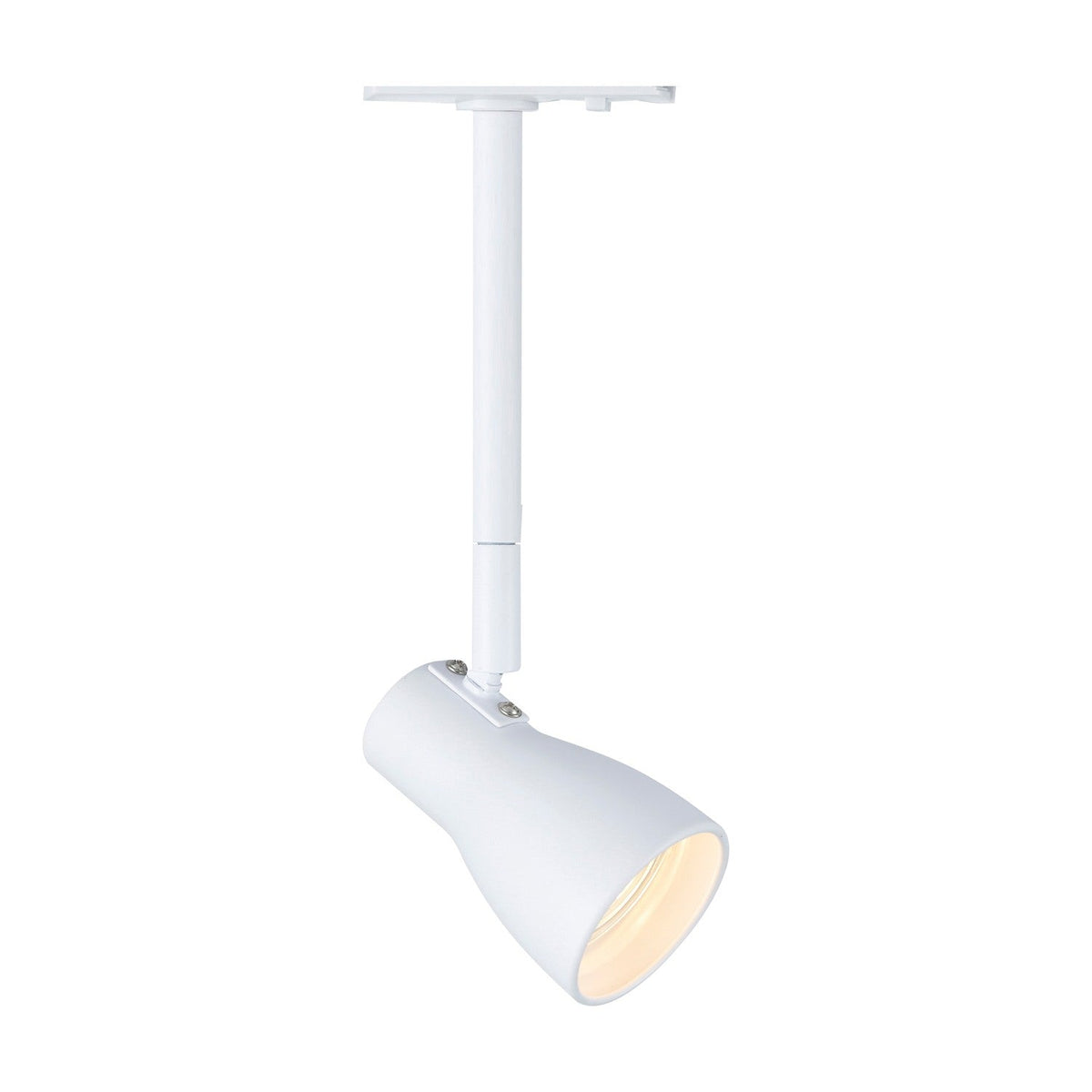Halo Track Aero Spotlight 20cm 5W in white, showing a waisted cone head on an adjustable knuckle, connected by a slim drop tube to a rectangular track shoe, on a plain white background.